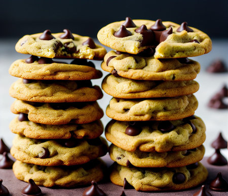 Chocolate chip cookies on a dark background. Selective focus.