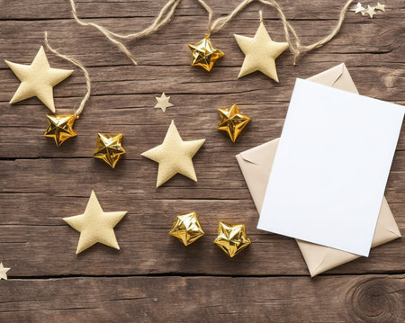 Christmas greeting card with envelope and decoration on wooden background. Top view with copy spaceの写真素材