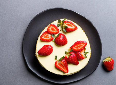 Cheesecake with fresh strawberries on black plate on gray background.の写真素材