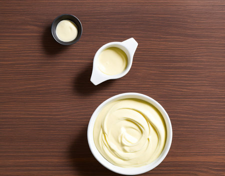 Mayonnaise in white bowl on wooden background. Top view.の写真素材