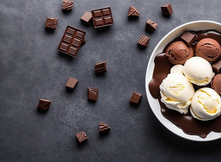 Bowl with tasty ice cream and pieces of chocolate on dark backgroundの写真素材
