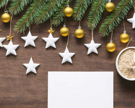 Christmas greeting card mockup with fir tree branches and decoration on wooden backgroundの写真素材