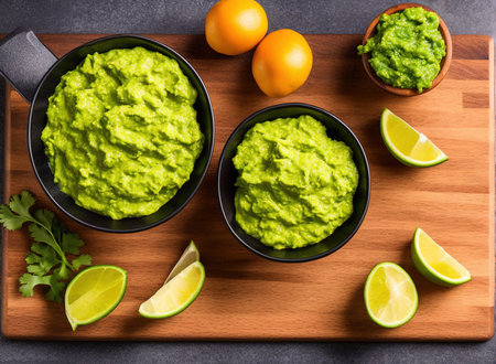 Bowls of Guacamole with lime and cilantro on wooden boardの写真素材