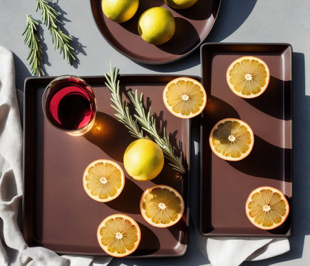 Slices of lemon and rosemary with a glass of red wineの写真素材
