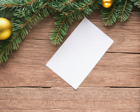 Christmas greeting card with fir tree branches on wooden background. Top view with copy spaceの写真素材