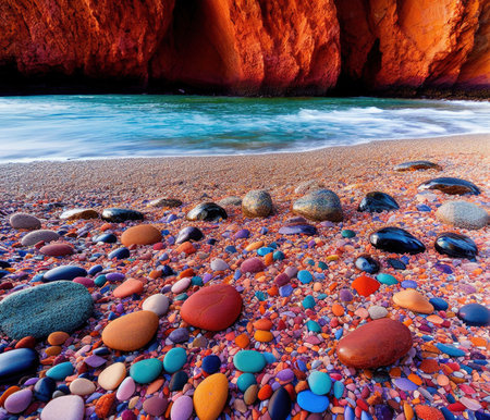 Colorful stones on the seashore. Colorful pebbles on the beach.の写真素材