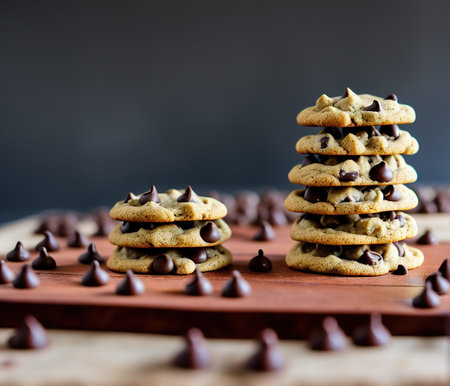 Chocolate chip cookies stacked on top of each other on a wooden board