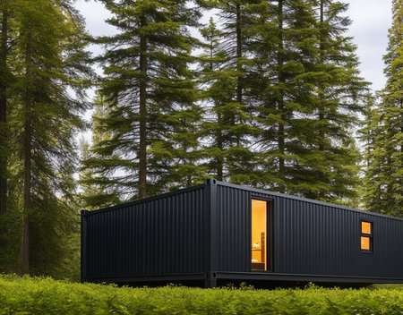 Modern black house with open door in the forest. 3d renderingの写真素材