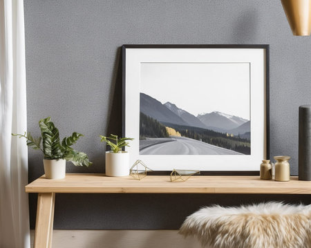 Interior of modern scandinavian living room with gray walls, concrete floor, comfortable wooden...