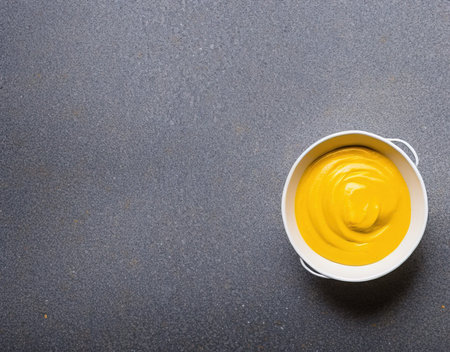 Mustard sauce in a bowl on a black background with copy spaceの写真素材