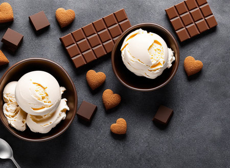Vanilla ice cream with chocolate and heart shaped cookies on dark backgroundの写真素材
