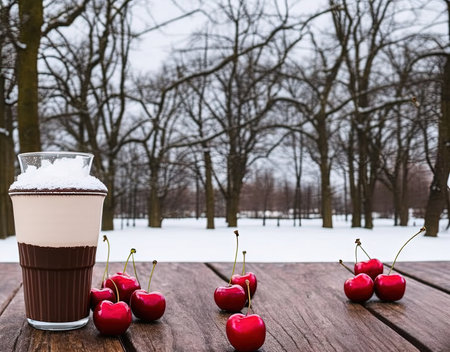 Cup of hot chocolate with cherry on wooden table in winter parkの写真素材