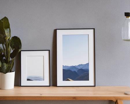 Mock up poster frame on wooden shelf in modern living room interior