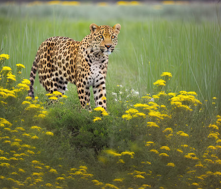Leopard in a meadow of wildflowers, South Africa