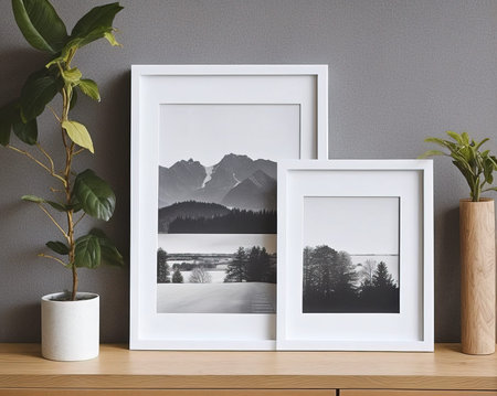 Mockup of picture frames on wooden table. 3d render