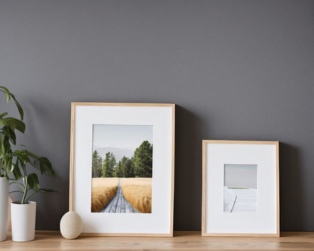 Interior of modern living room with gray walls, wooden floor, white mock up photo frames and plants....