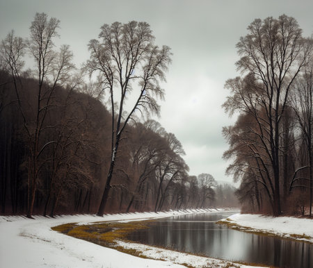 Winter landscape with a river and trees on a foggy day.の写真素材
