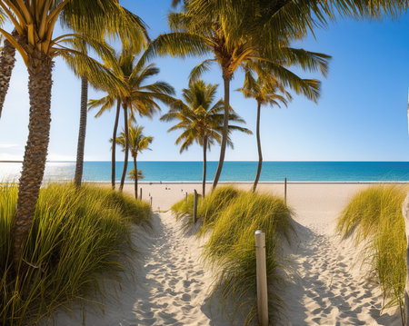 Beach with palm trees and sand dunes, Florida, USAの写真素材