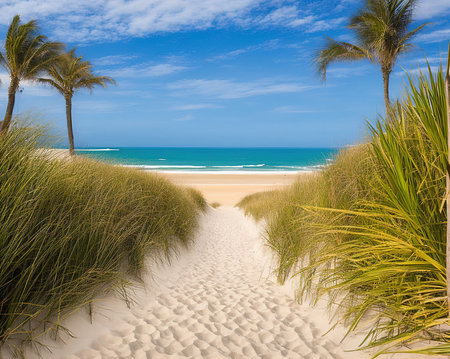 Sand dunes leading to the beach with palm trees and blue skyの写真素材