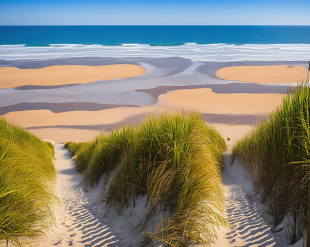 Sand dunes and grass on the beach of Atlantic ocean in Portugal
