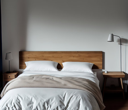 Interior of a modern bedroom with a wooden bed and a lampの写真素材