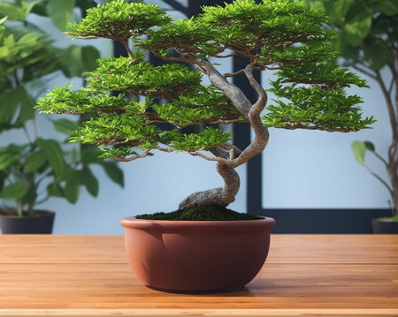 Bonsai tree in a pot on a wooden table. 3d renderingの写真素材