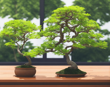 bonsai tree in pot on wooden table and blurred natural background.の写真素材