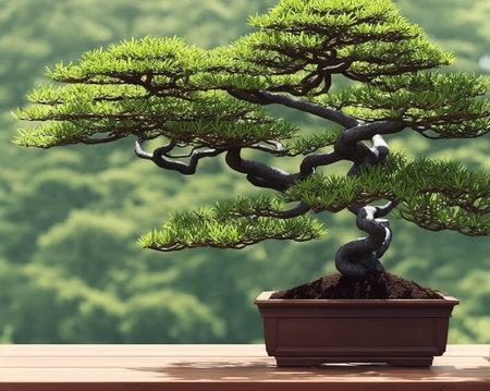 Bonsai tree in pot on wooden table, 3d renderの写真素材