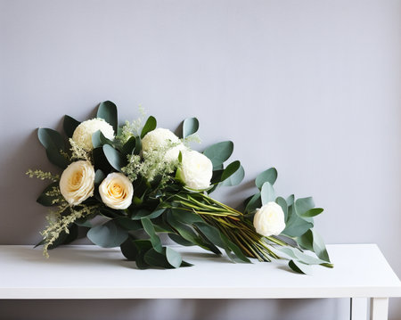 Beautiful bouquet of white roses and eucalyptus on a white tableの写真素材