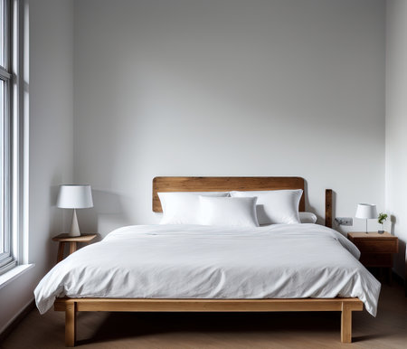 Interior of modern bedroom with white walls, wooden floor, comfortable king size bed with two white pillows and wooden bedside tables. 3d renderingの写真素材