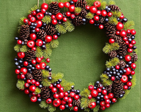 Christmas wreath with berries and pine cones on a green background.の写真素材