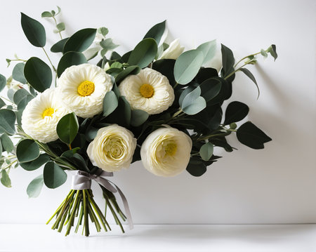 Bouquet of white roses and eucalyptus on a white backgroundの写真素材