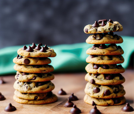 Chocolate chip cookies on a wooden table. Selective focus.の写真素材