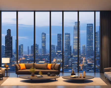 Luxury living room interior with a panoramic window overlooking the city. 3D Renderingの写真素材