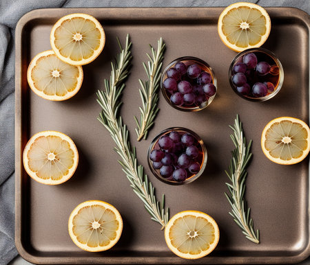 Lemonade with cranberries and rosemary on a baking tray.の写真素材