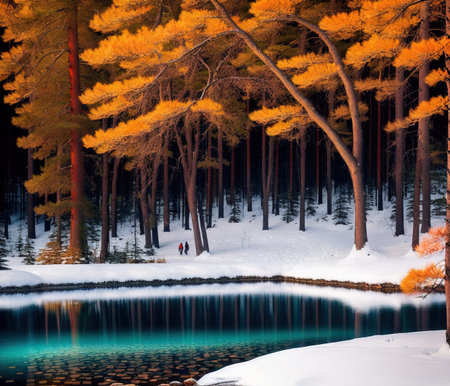 Beautiful winter landscape with lake and pine forest in south koreaの写真素材