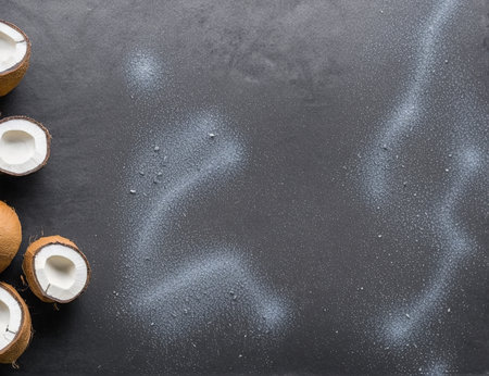 Coconuts on a black background with water drops. Top viewの写真素材