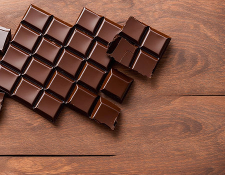 Pieces of dark chocolate on a wooden background. Top view.の写真素材