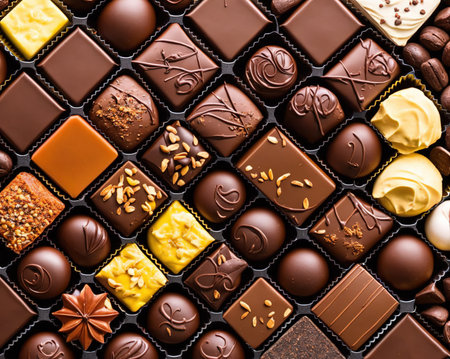 Assortment of delicious chocolate candies as background. Top view.の写真素材