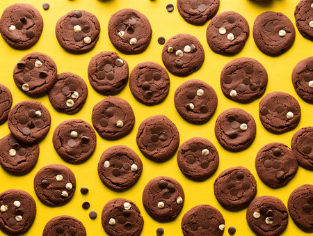 Chocolate cookies with chocolate drops on yellow background. Top view.の写真素材