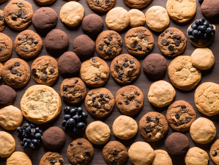 Chocolate chip cookies with blackberries and blueberries on wooden backgroundの写真素材