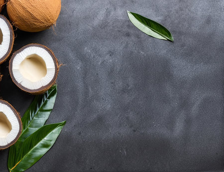 Coconut on black stone background. Top view with copy spaceの写真素材