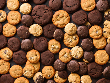 Chocolate chip cookies on a dark background, top view, flat layの写真素材