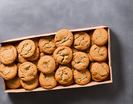 Delicious homemade oatmeal cookies in a box on a gray background