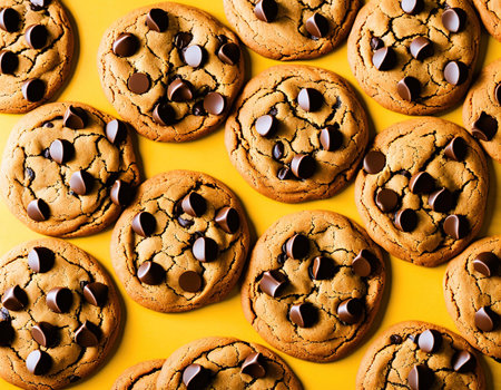 Chocolate chip cookies on yellow background. Top view, flat layの写真素材