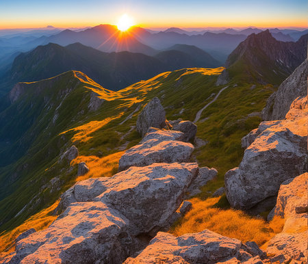 Sunset in the mountains. Sunrise in the Carpathian Mountainsの写真素材