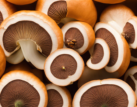Close up of a group of orange mushrooms. Macro.の写真素材