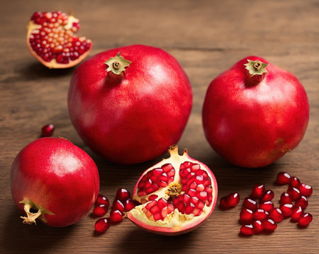 Ripe pomegranate fruit on wooden background, close upの写真素材