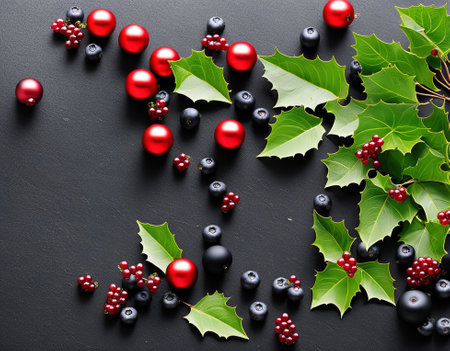 Christmas composition with berries and leaves on black background. Flat lay, top viewの写真素材