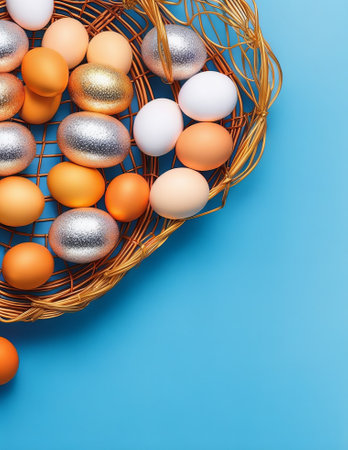 Easter eggs in a wicker basket on a blue background.の写真素材